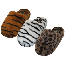 S831L-T - Wholesale Women's "EasyUSA" Animals Printed Fuzzy Plush Close Toe & Open Back House Slippers (Asst. Tiger Zebra & Leopard)